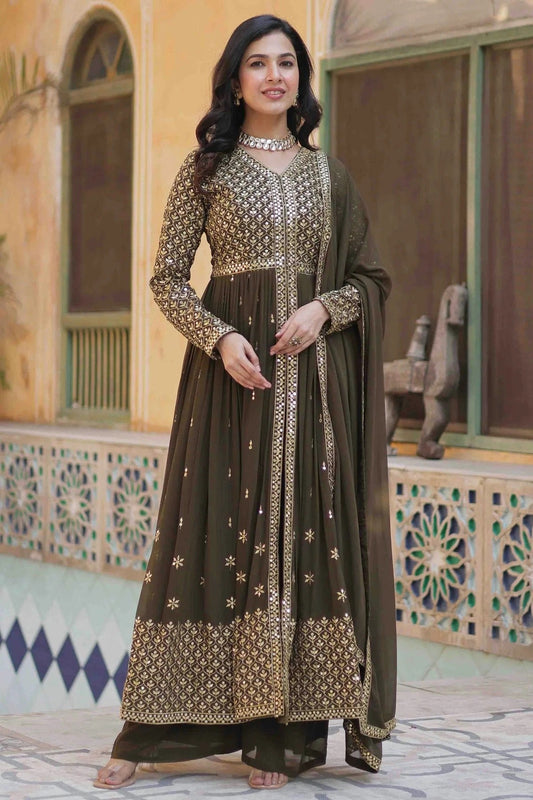 Mehendi Green Stitched Faux Georgette Gown NCGW11111004