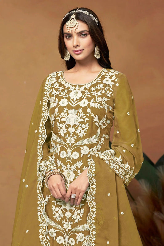 Mehendi Green Straight SuitSoft Organza Semi Stitched  NCSM10510250