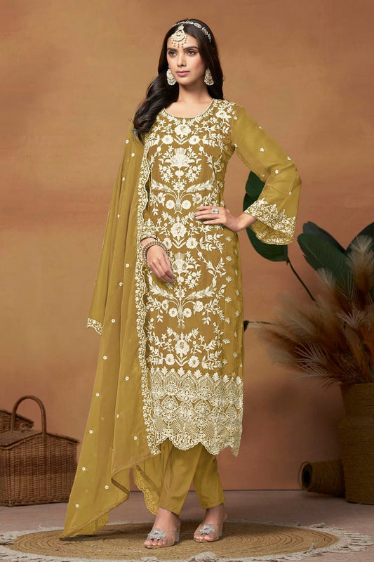 Mehendi Green Straight SuitSoft Organza Semi Stitched NCSM10510250
