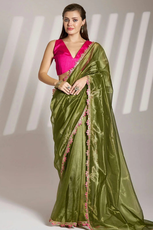 Mehendi Green Twill Net Saree NCSD11111073