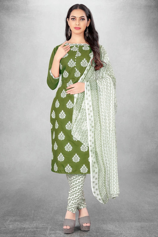 Mehendi Green Unstitched Slub Cotton Churidar Suit NCUS11610434
