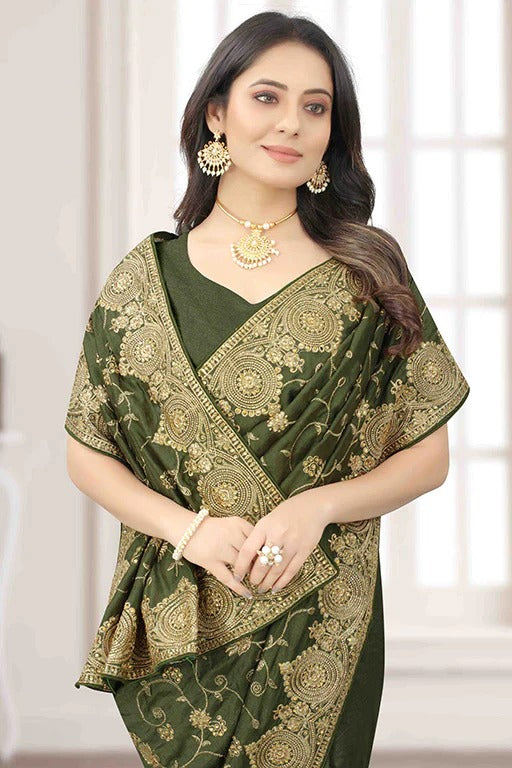 Mehendi Green Vichitra Silk Designer Saree NCSD10910776