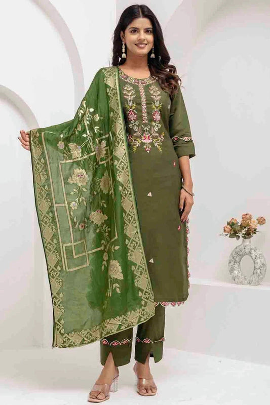 Mehendi Green Viscose Silk Embroidery and Woven Pant Style Suit NCSS11110330