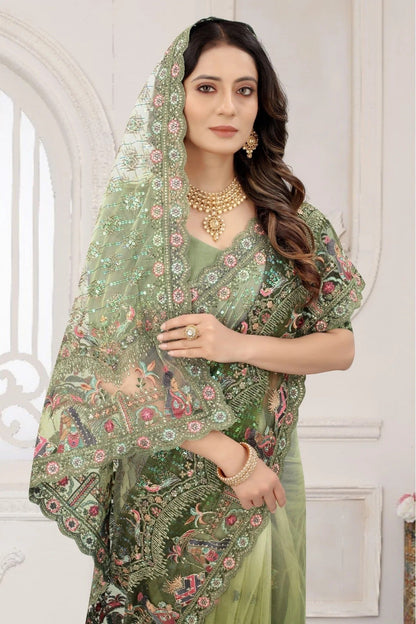 Mehendi and Green Net Embroidery Saree NCSD11210852