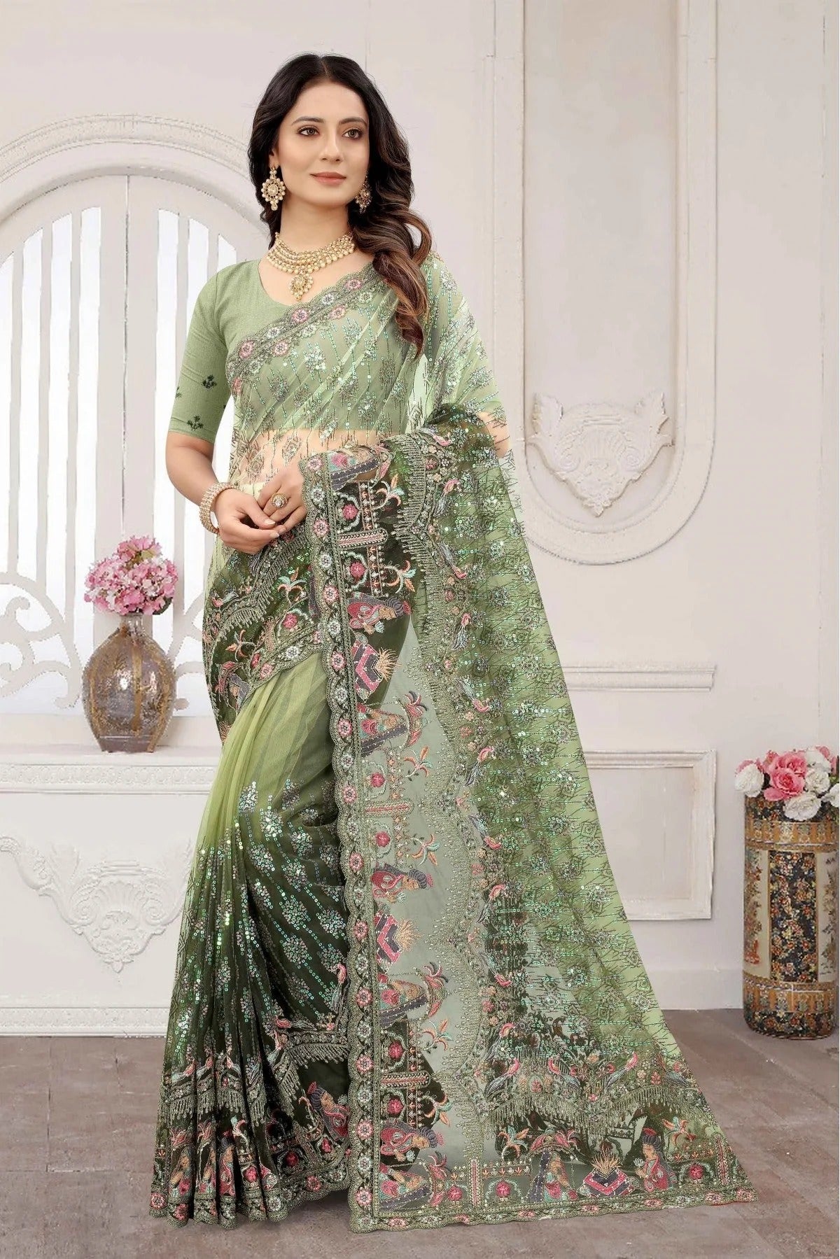 Mehendi and Green Net Embroidery Saree NCSD11210852