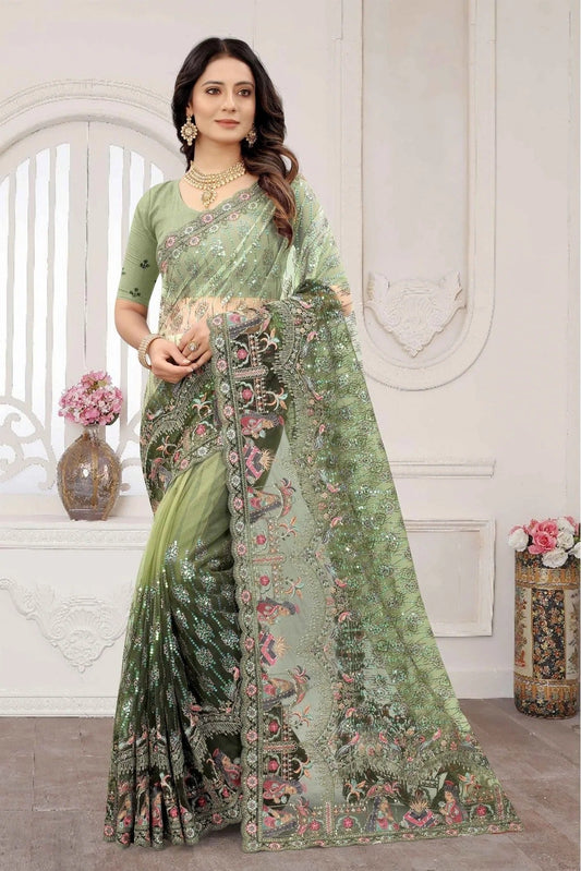 Mehendi and Green Net Embroidery Saree NCSD11210852