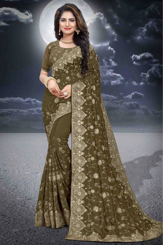 Mehendi and Green Vichitra Silk Designer Saree NCSD10910524