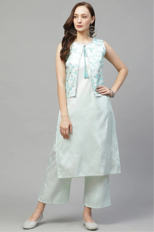 Mint Green Plus Size Poly Silk Straight Kurta Palazzo Set NCKR10610110