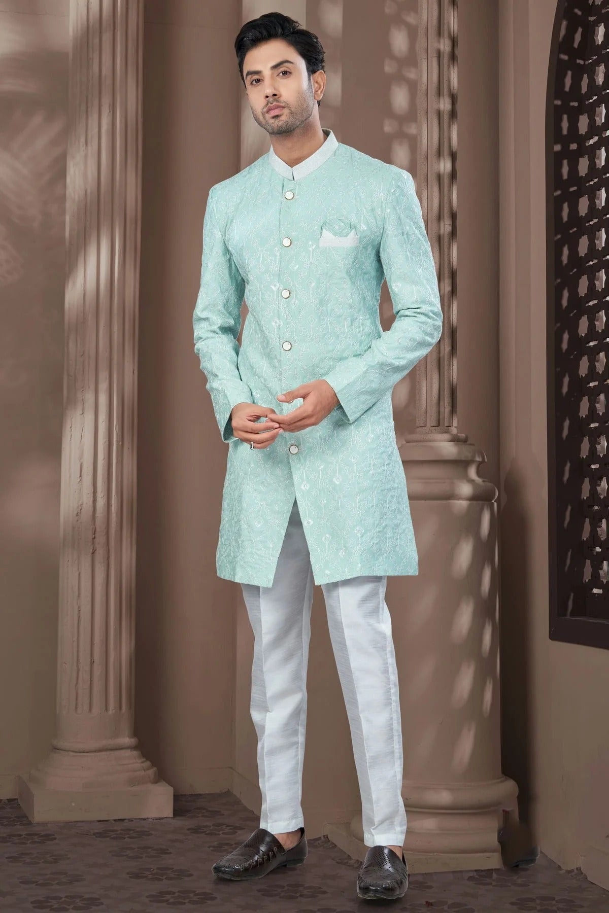 Mint Green Silk Dupion Sherwani NCSH10410172