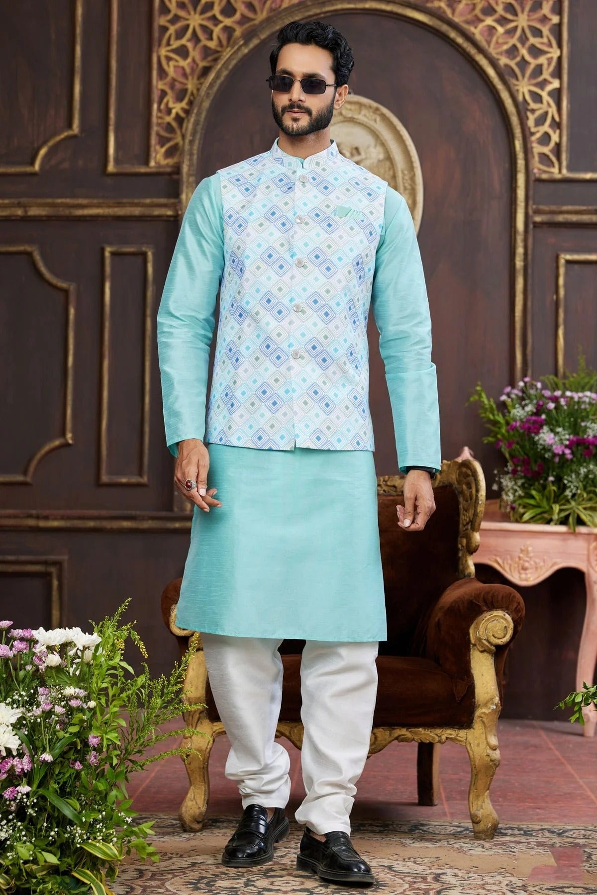 Multi Art Silk Kurta PajamaWith Jacket  NCKP12310117