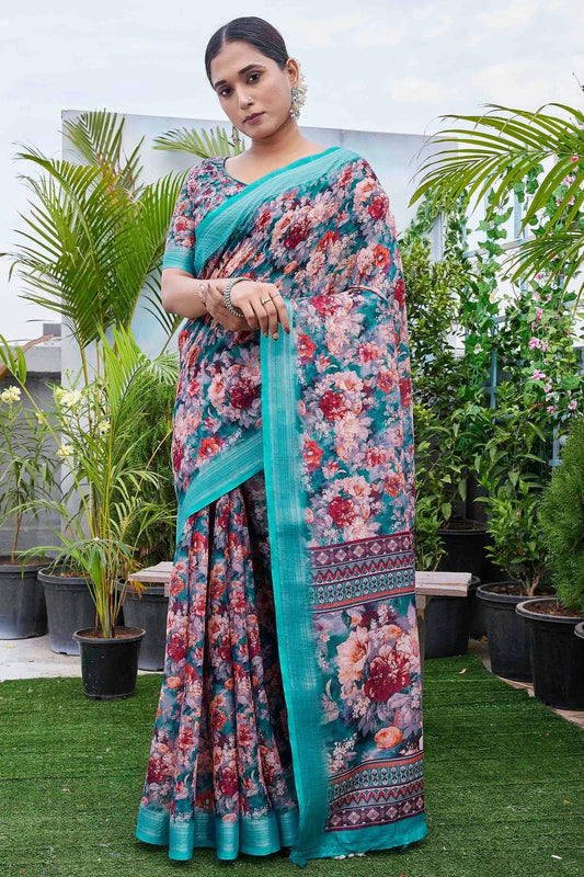 Multi Linen Blend Printed Saree NCSD11111845