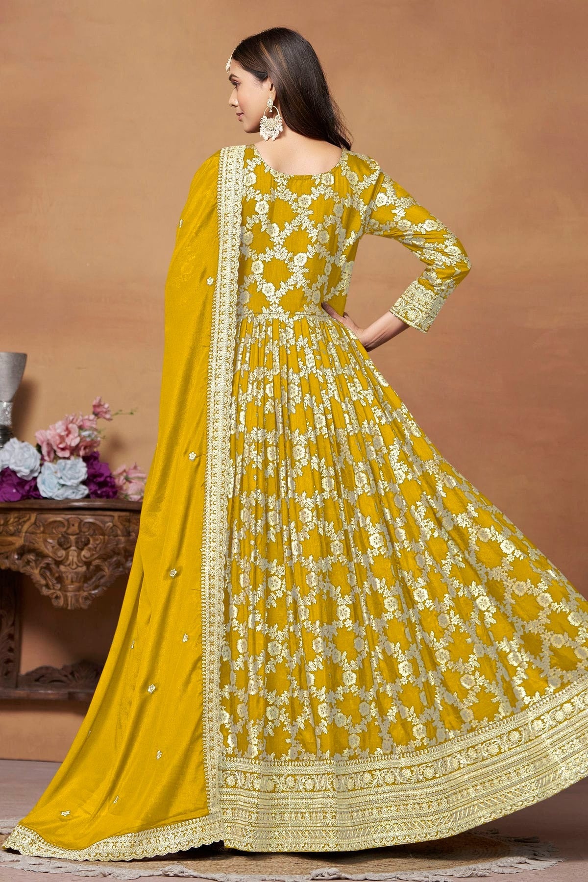 Mustard Anarkali SuitDola Jacquard Semi Stitched  NCSM10510226