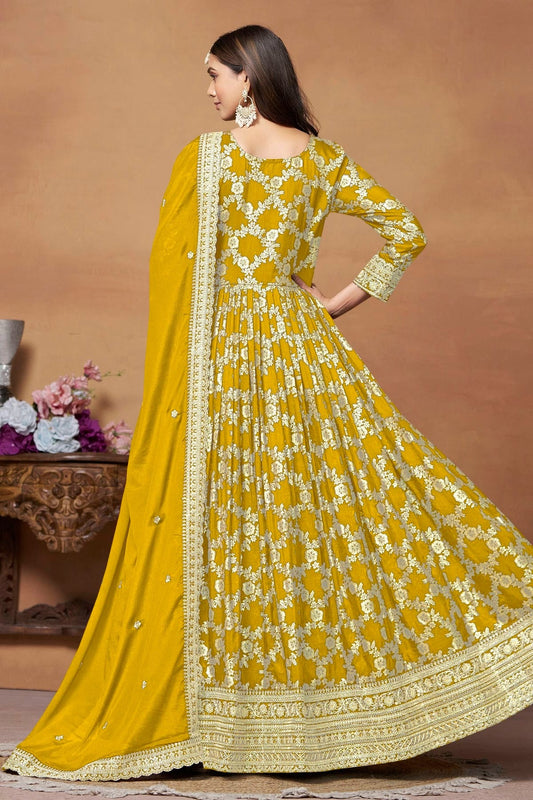Mustard Anarkali SuitDola Jacquard Semi Stitched  NCSM10510226