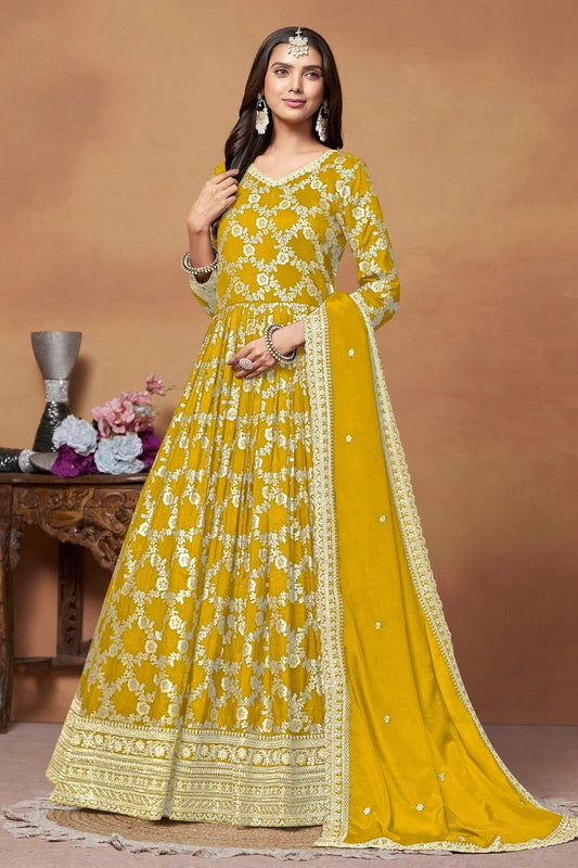 Mustard Anarkali SuitDola Jacquard Semi Stitched NCSM10510226