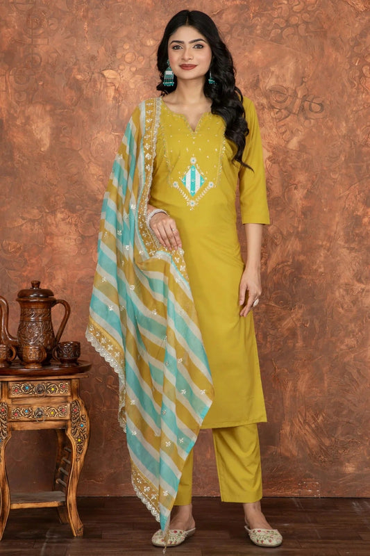 Mustard Chanderi Cotton Stitched Suit NCSS11111442