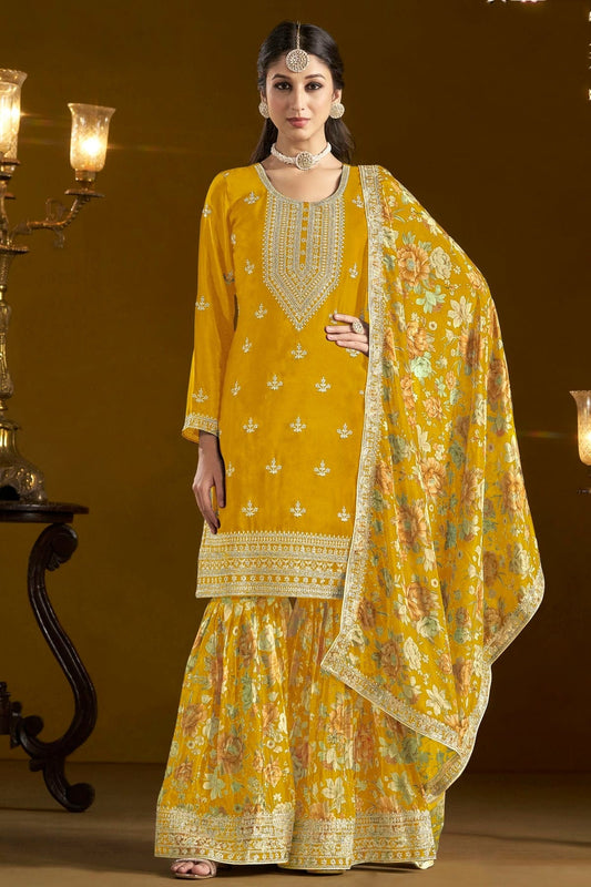Mustard Chinon Semi Stitched Sharara Suit NCSM10510158