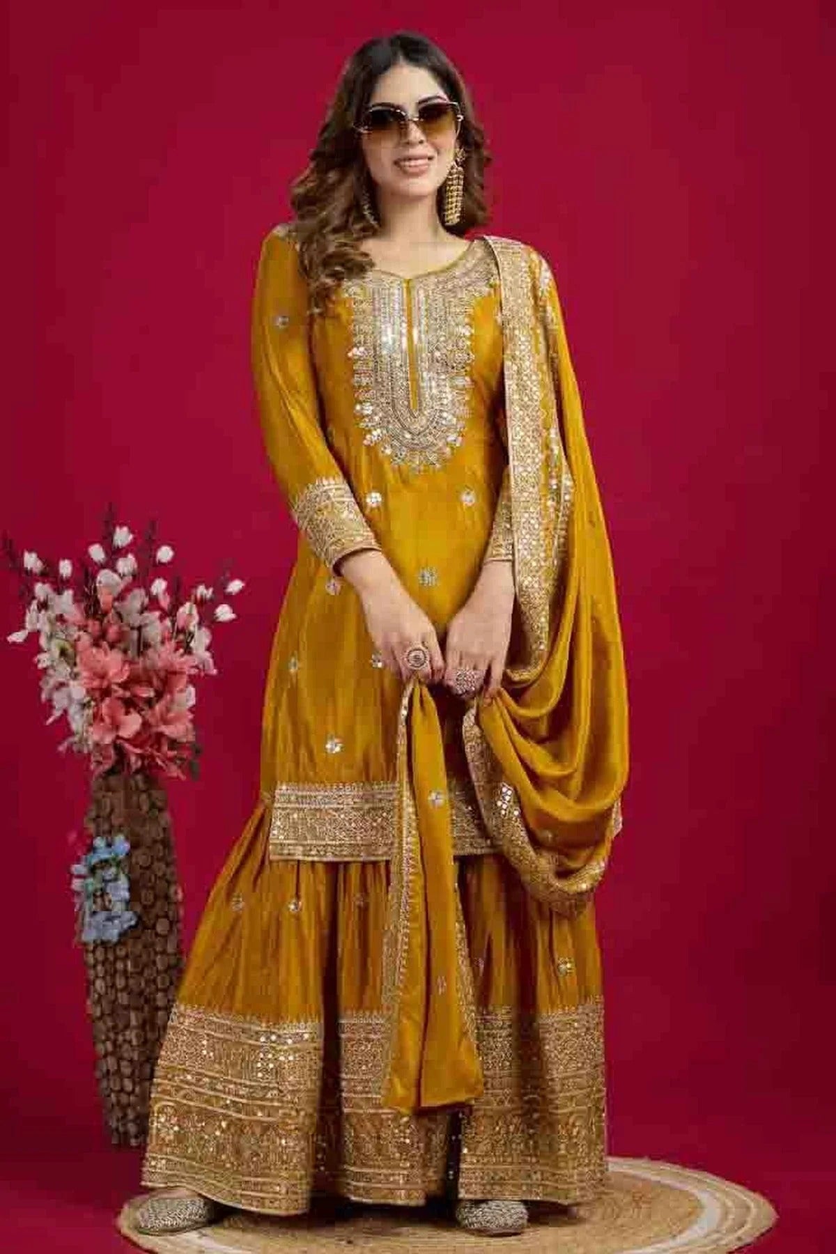 Mustard Chinon Silk Stitched Sharara Suit NCSS11410274