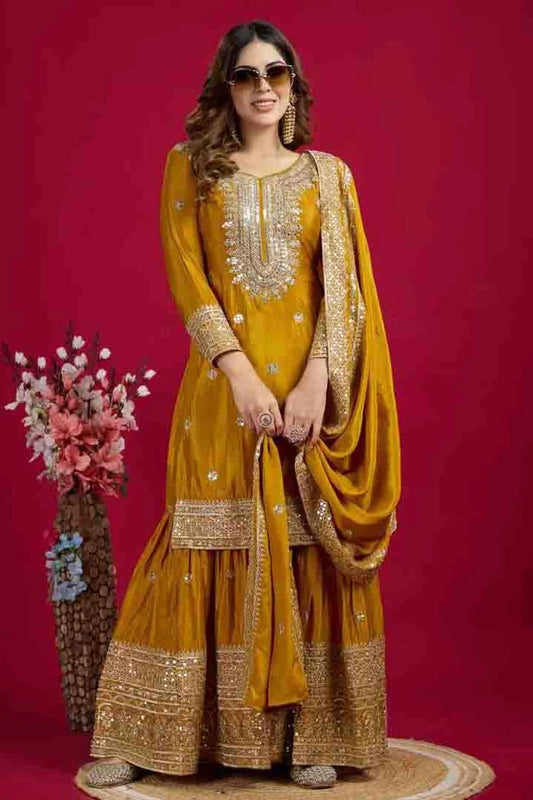 Mustard Chinon Silk Stitched Sharara Suit NCSS11410274