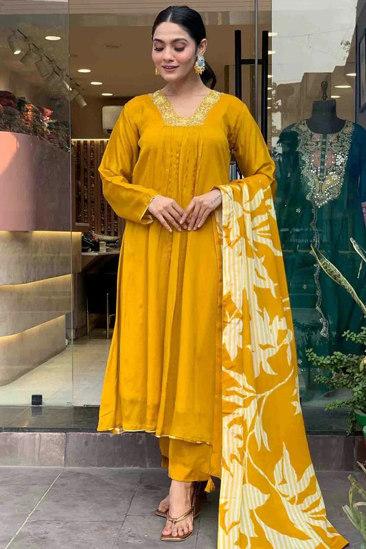 Mustard Chinon Silk Stitched Suit NCSS11110695