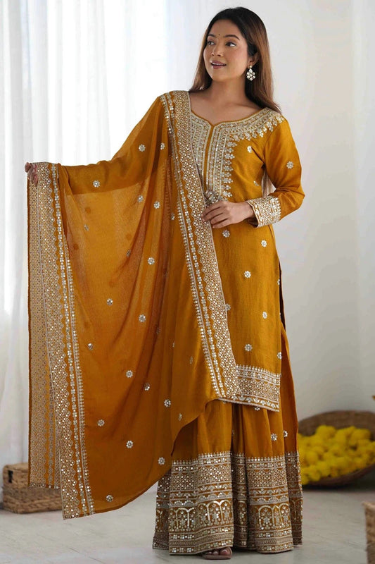 Mustard Chinon Silk Stitched Suit NCSS11110856