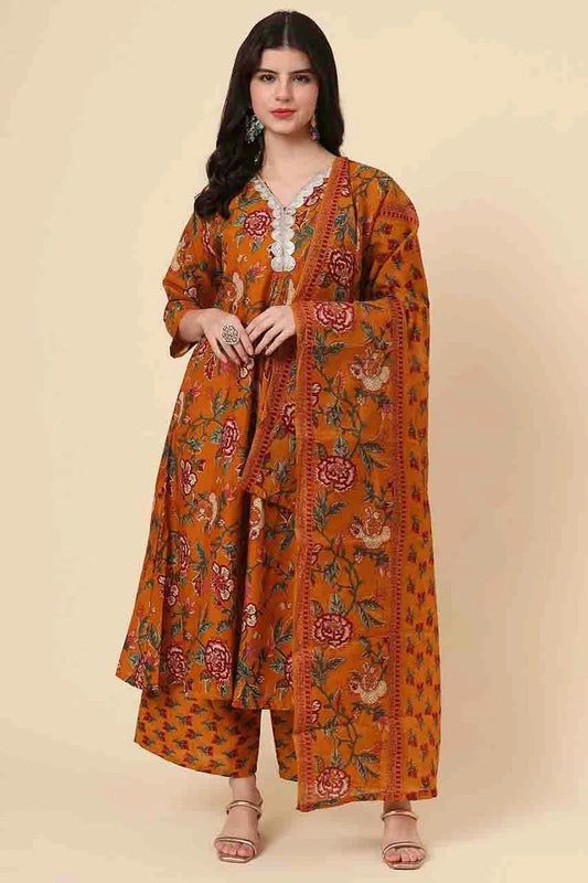 Mustard Cotton Stitched Palazzo Pant Suit NCSS11410170
