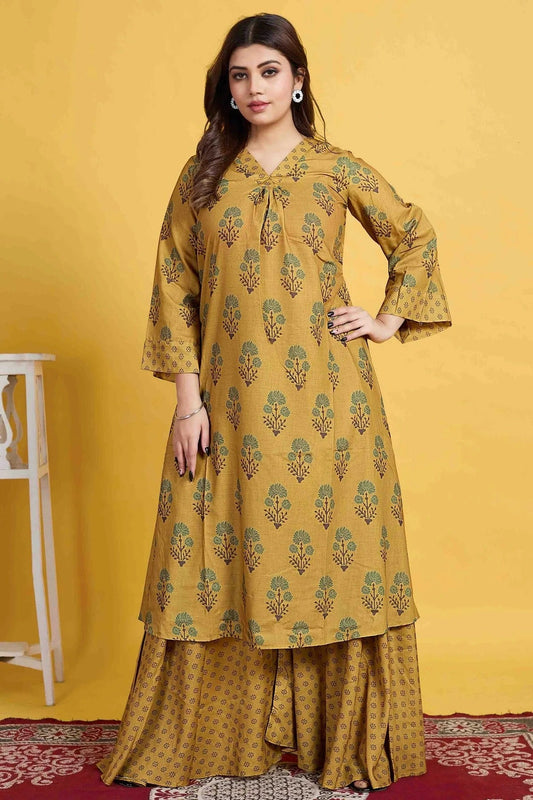 Mustard Cotton Stitched Palazzo Pant Suit NCSS11410183