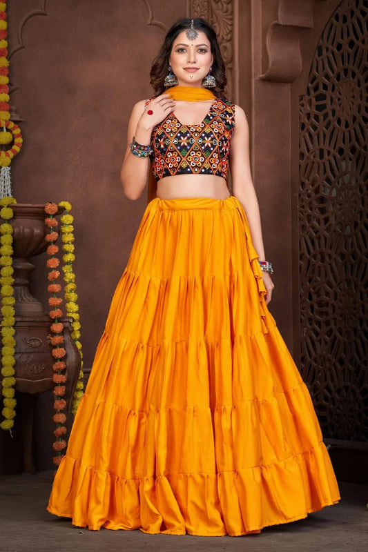 Mustard Embroidery French Crepe Navratri Lehenga  NCLD11710196