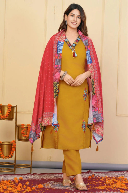Mustard Embroidery Viscose Chanderi Stitched Suit NCSS11111316