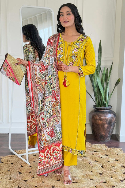 Mustard Embroidery Viscose Stitched Suit NCSS11111308
