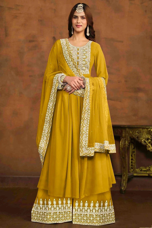 Mustard Faux Georgette Palazzo Pant Suit NCSM10510117