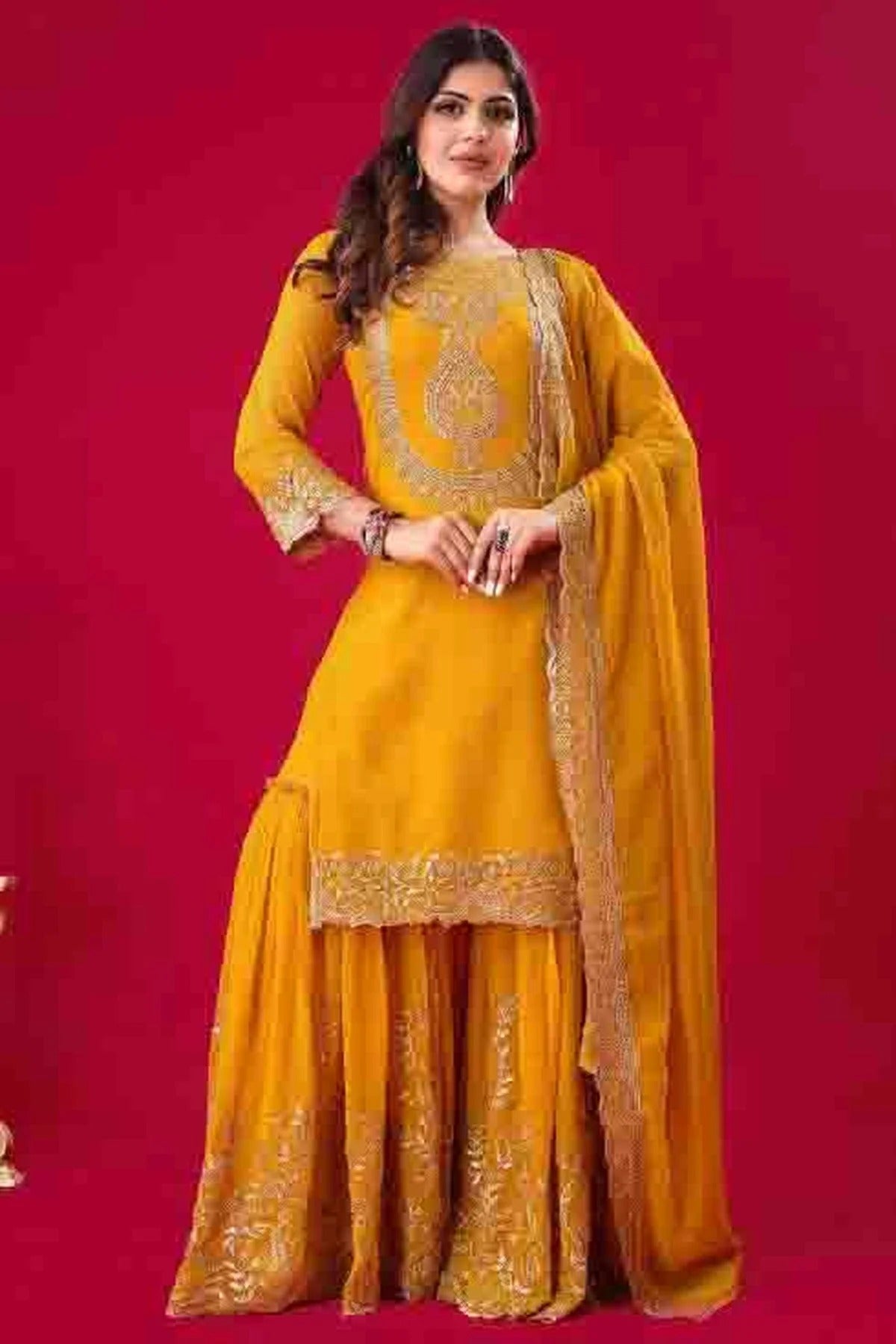 Mustard Faux Georgette Stitched Sharara Suit NCSS11410197