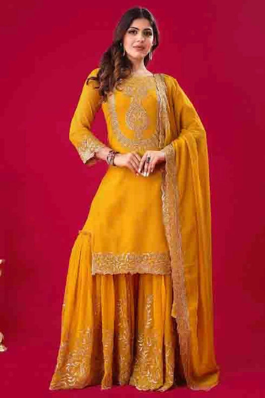 Mustard Faux Georgette Stitched Sharara Suit NCSS11410197
