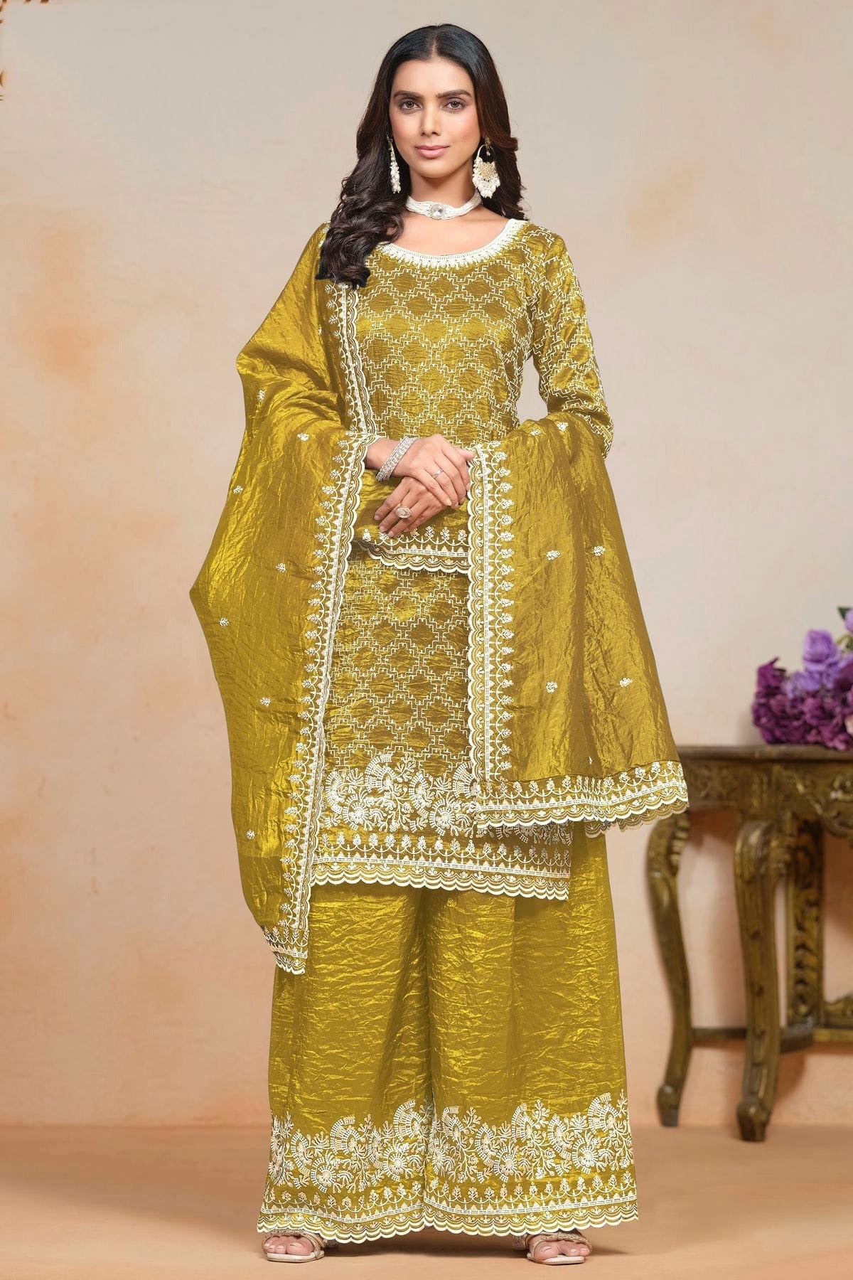 Mustard Gold Crush Semi Stitched Palazzo Pant Suit NCSM10510184