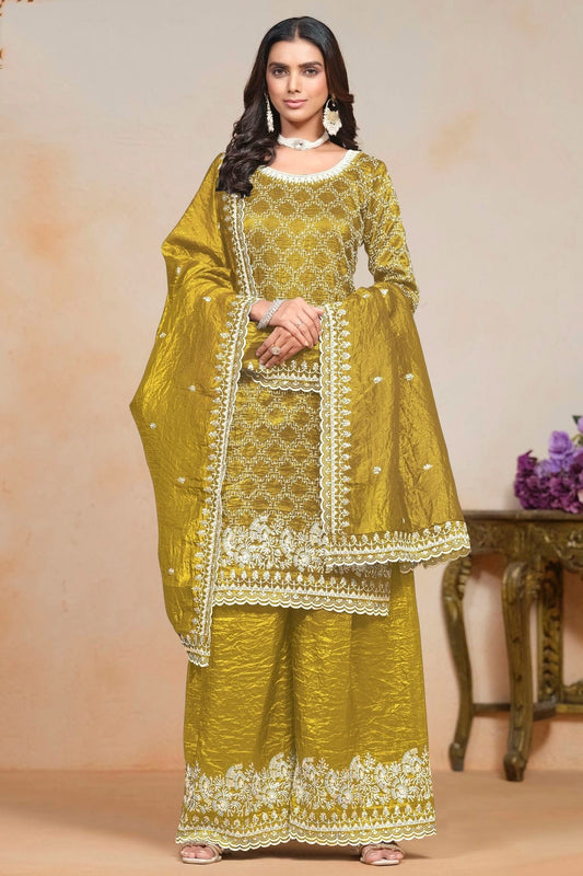 Mustard Gold Crush Semi Stitched Palazzo Pant Suit NCSM10510184