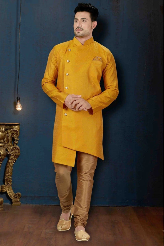 Mustard Jacquard Party Wear Indo Western Sherwani NCSH10410334