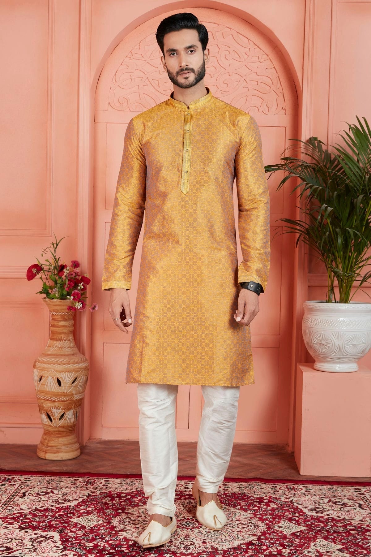 Mustard Jacquard Silk Brocade Kurta Pajama NCKP12310140