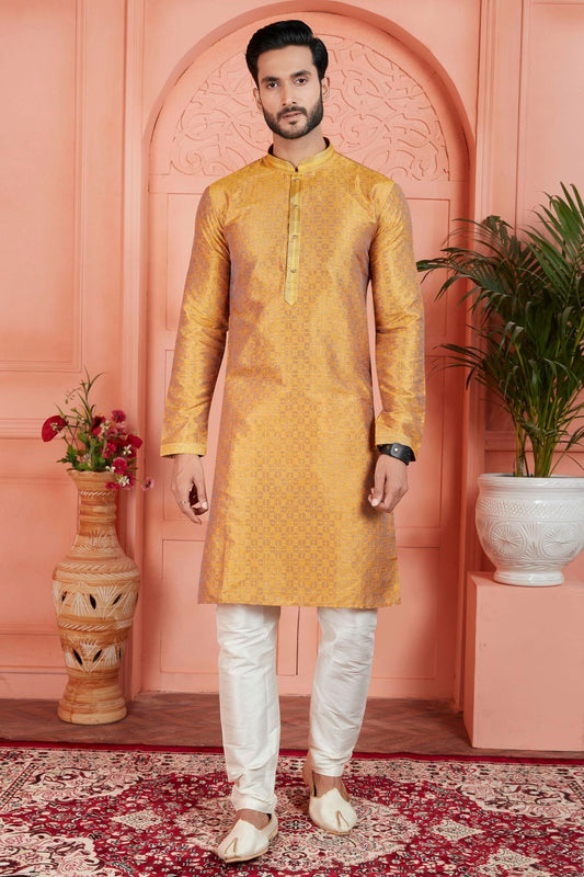 Mustard Jacquard Silk Brocade Kurta Pajama NCKP12310140