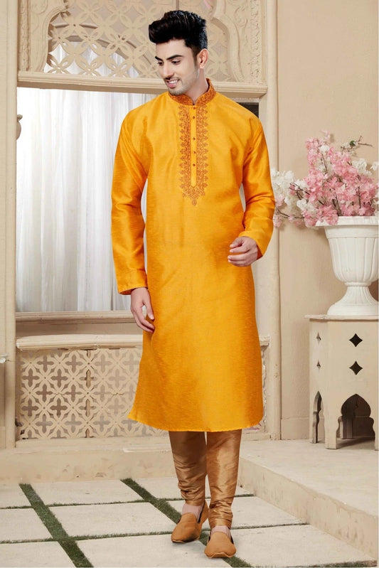 Mustard Kurta Pajama In Art Dhupion NCKP10410567