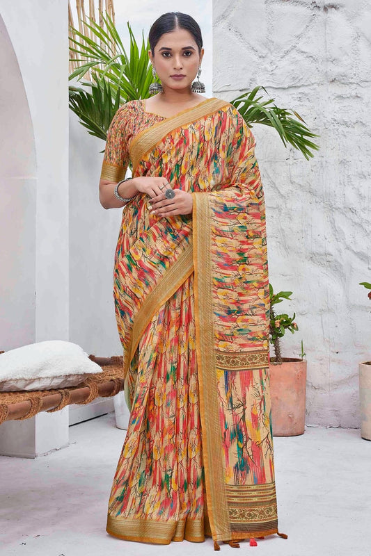 Mustard Linen Blend Printed Saree NCSD11111851