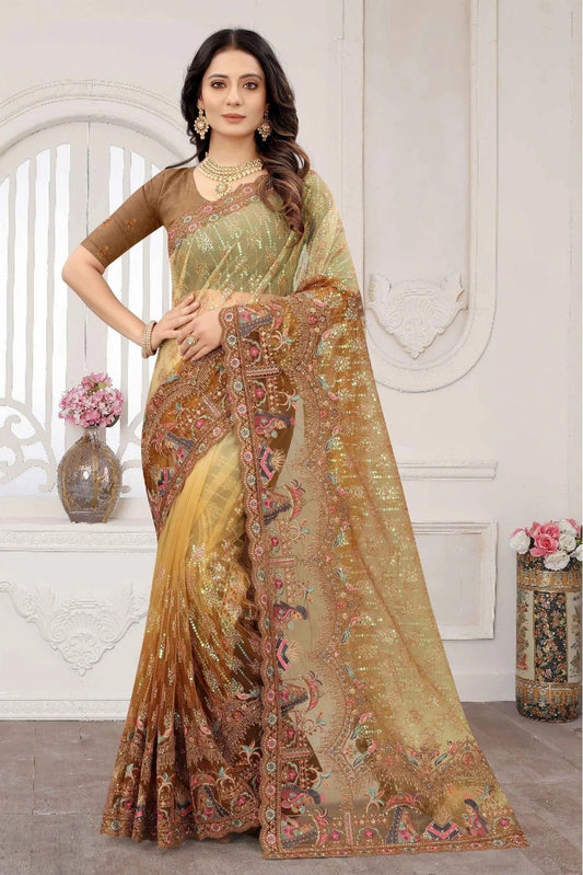Mustard Net Embroidery Saree NCSD11210851