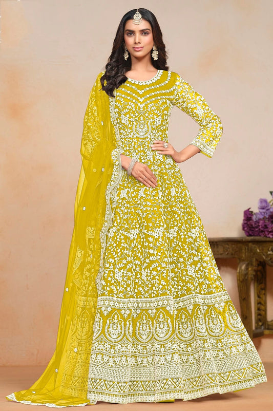 Mustard Net Semi Stitched Anarkali Suit NCSM10510190