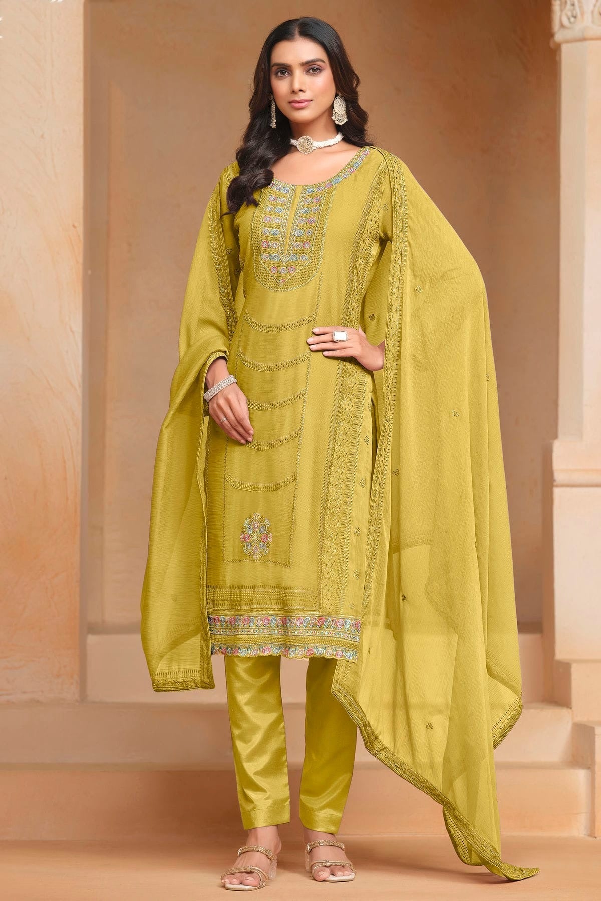 Mustard Organza Chiffon Semi Stitched Pant Style Suit NCSM10510186
