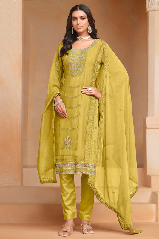 Mustard Organza Chiffon Semi Stitched Pant Style Suit NCSM10510186