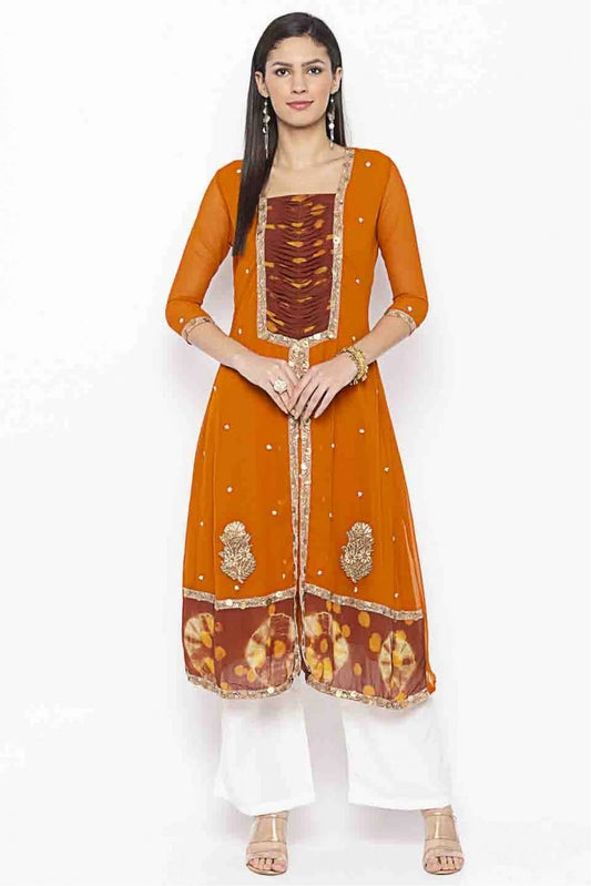 Mustard Plus Size Georgette Embroidery Kurti NCKR10710122