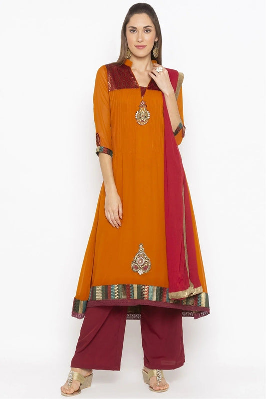 Mustard Plus Size Georgette Embroidery Palazzo Pant Suit NCSS10710619