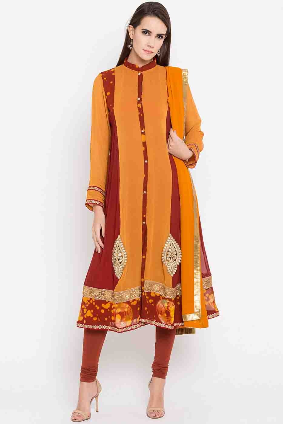 Mustard Plus Size Stitched Faux Georgette Embroidery Churidar Suit NCSS10710507