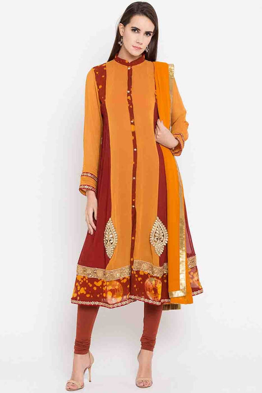 Mustard Plus Size Stitched Faux Georgette Embroidery Churidar Suit NCSS10710507