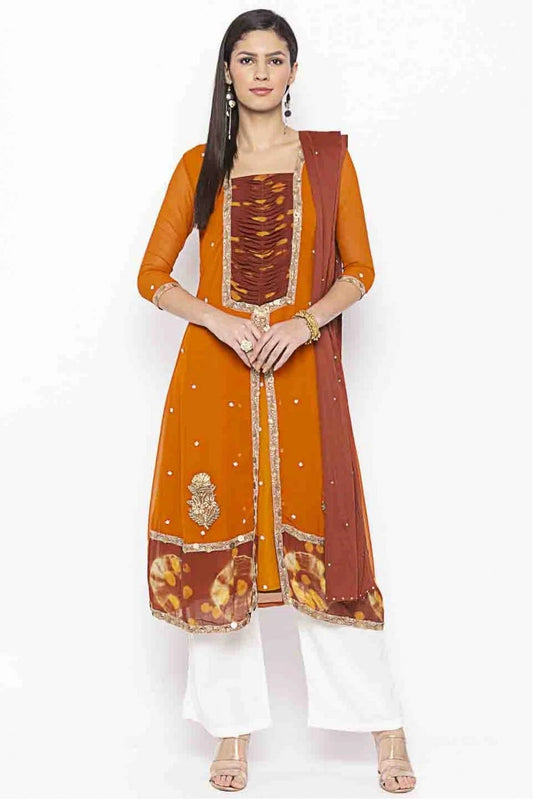 Mustard Plus Size Stitched Georgette Embroidery Palazzo Pant Suit NCSS10710538