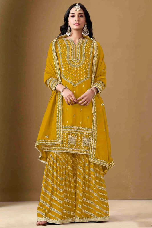 Mustard Semi Stitched Art Silk Palazzo Pant Suit NCSM10510102