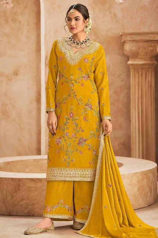 Mustard Semi Stitched Chinon Palazzo Pant Suit NCSM11410301